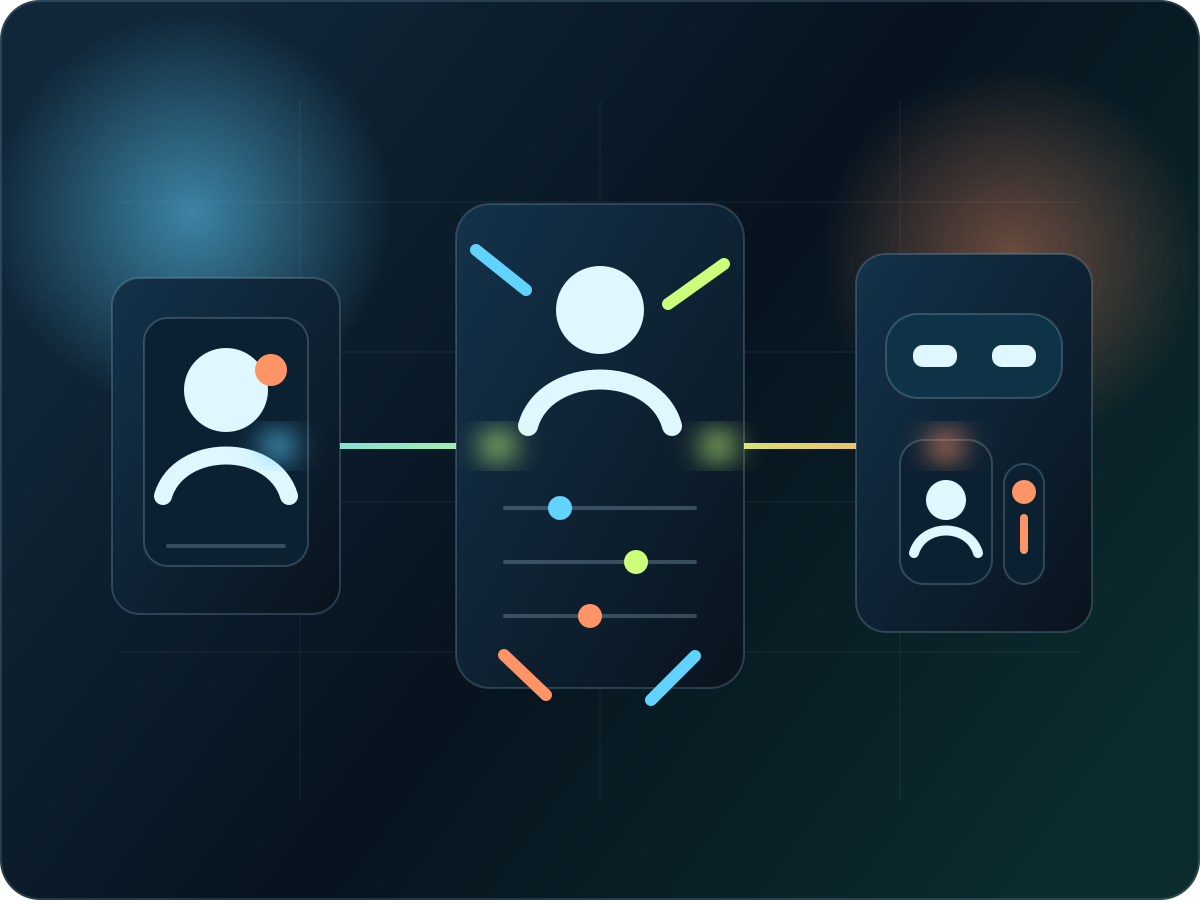 A stylized workflow showing avatar references flowing through a modular builder into portable VRM delivery across devices.