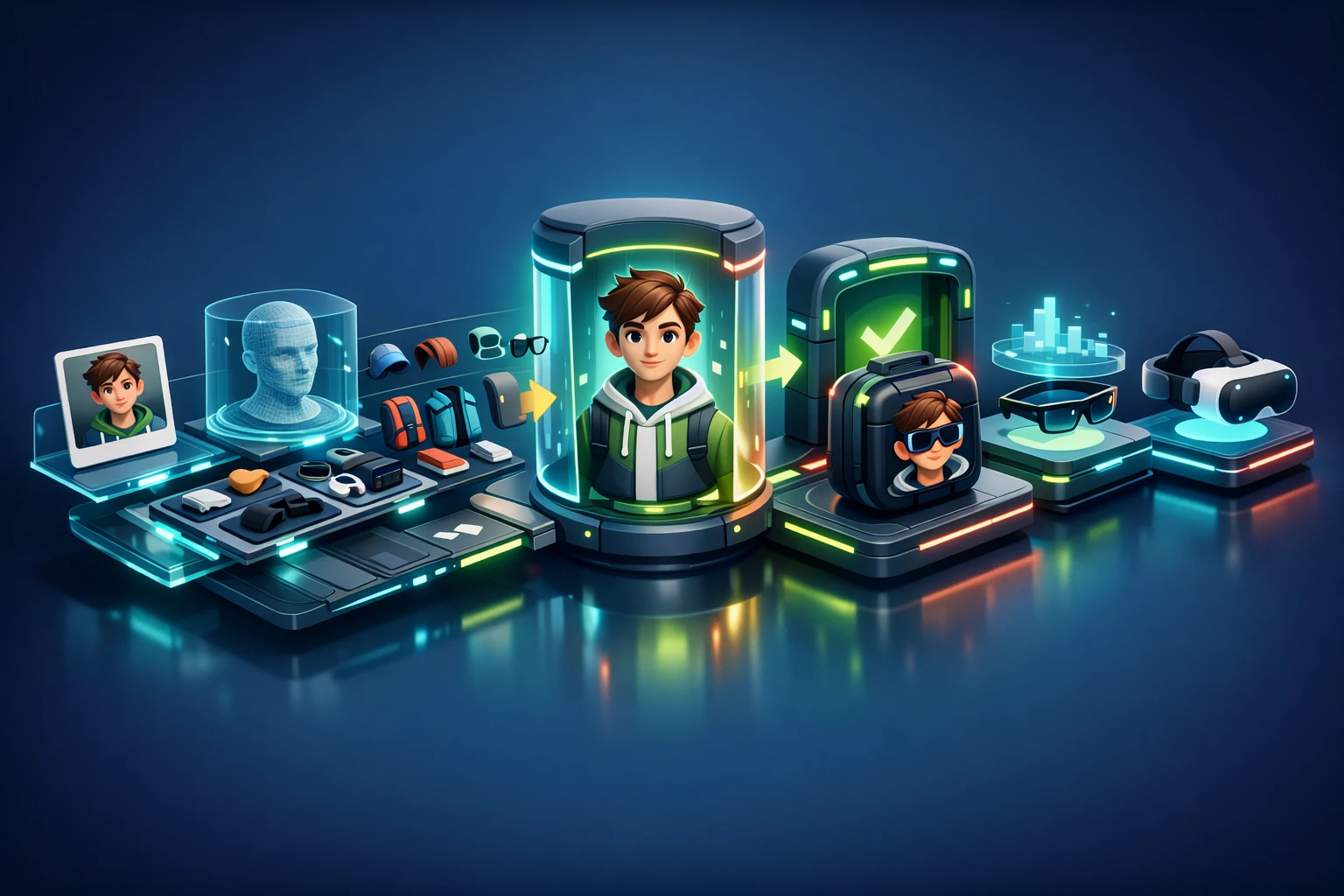 A stylized workflow showing avatar references flowing through a modular builder into portable VRM delivery across devices.
