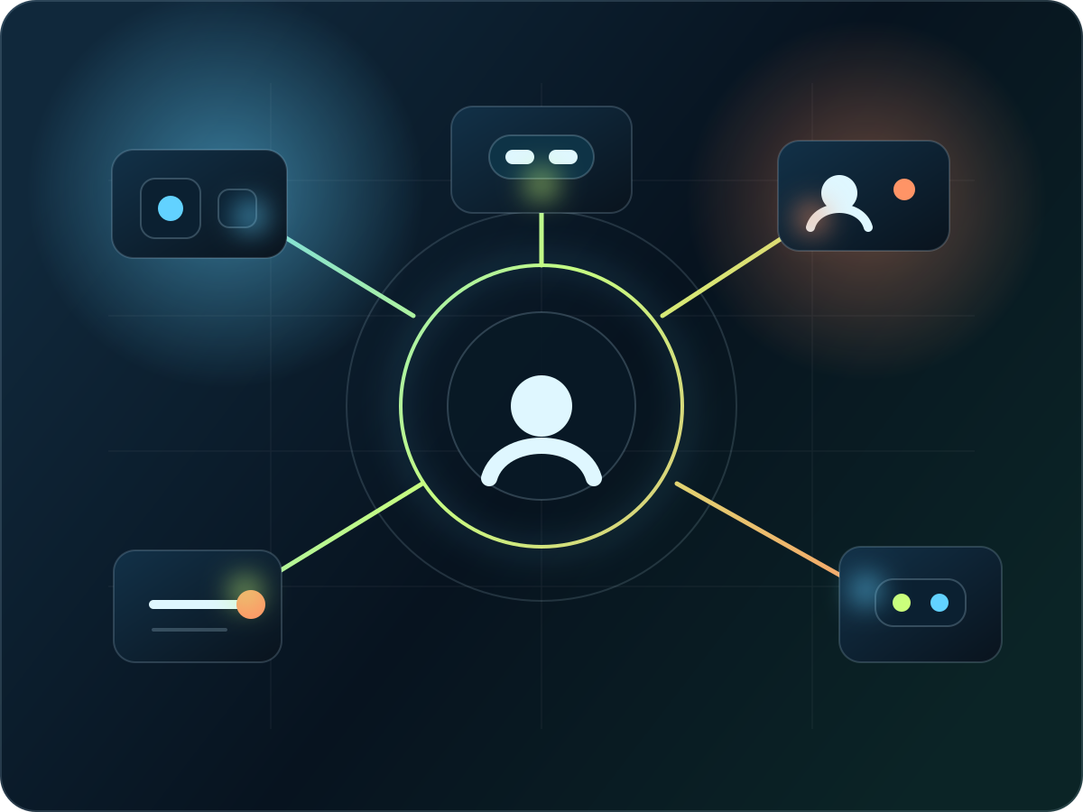 An open orbit of devices, tools, safety systems, and hosting services around a shared VRM avatar core.