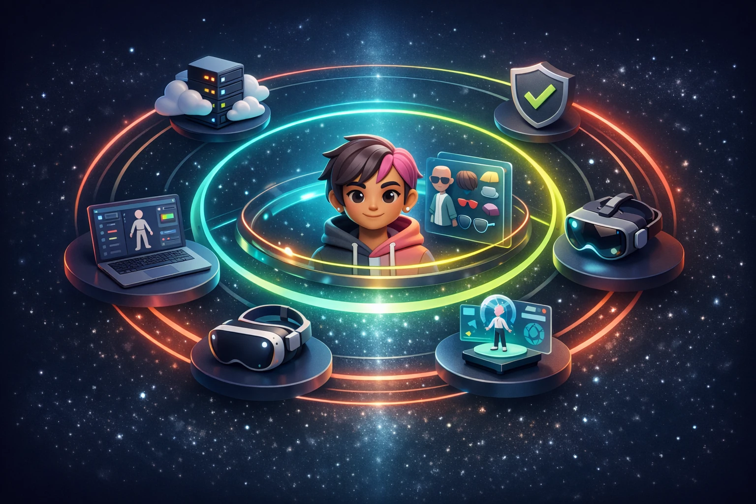 An open orbit of devices, tools, safety systems, and hosting services around a shared VRM avatar core.